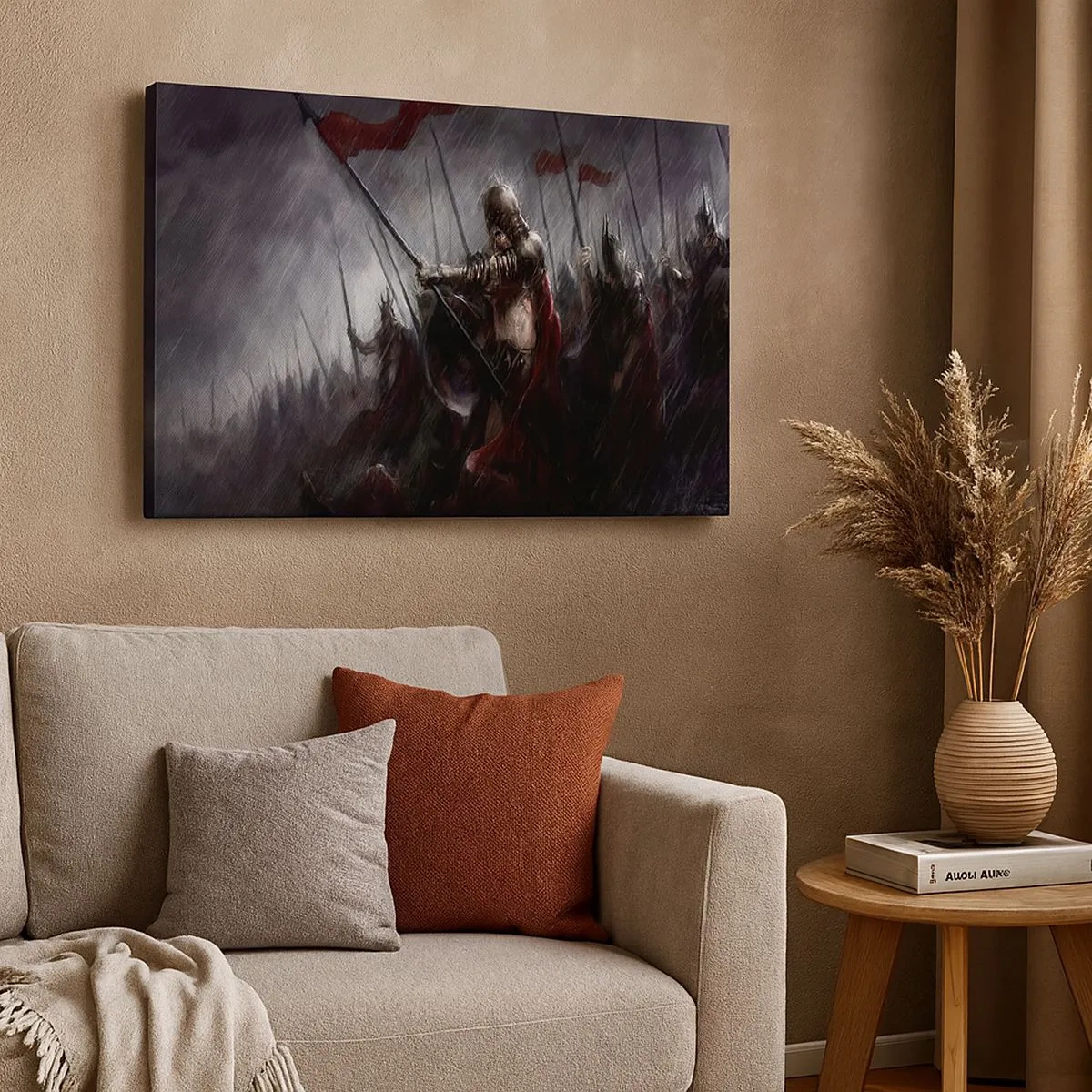 Bild auf Leinwand - Leinwandbild - Ritter marschieren im Regen zum Schlachtfeld - 70x50cm - Passant, sag Sparta ... - Moderne Wanddekoration für Wohnzimmer und Schlafzimmer ARTTOR
