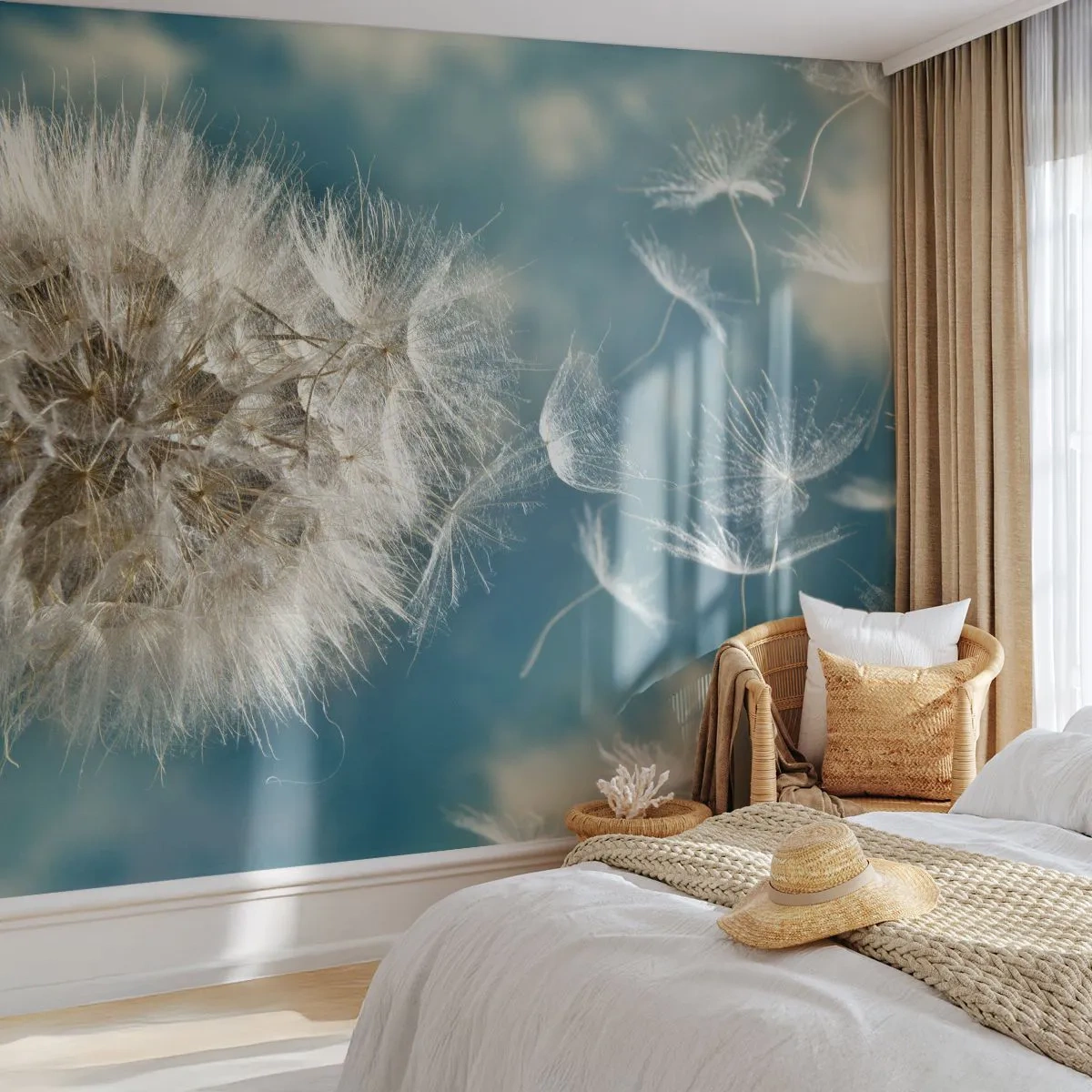 Fototapete Premium Sand - Aufblasbare Gegenstände in einer leichten Brise vor blauem Hintergrund - 100x70cm - Engelsatem - Moderne Wanddekoration für Wohnzimmer und Schlafzimmer ARTTOR