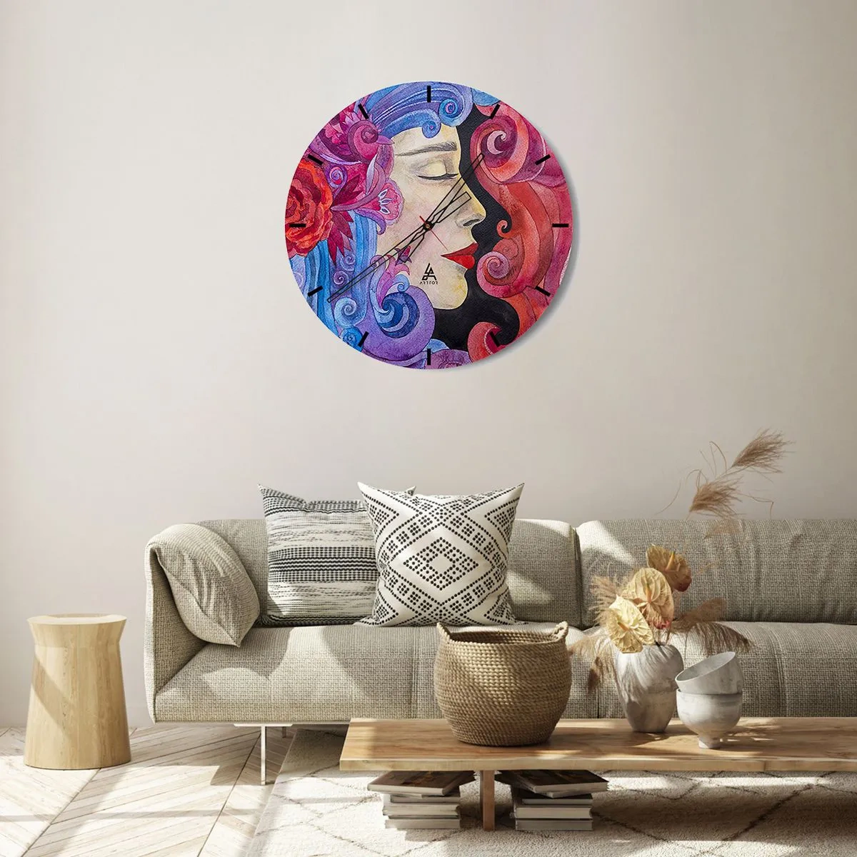 Wanduhr - Glasuhr - Buntes Gesicht mit kunstvollen Ornamenten - 30x30cm - Der Jugendstil lebt noch - Moderne Wanddekoration für Wohnzimmer, Küche und Schlafzimmer ARTTOR