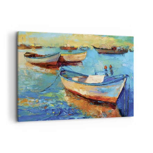 Bild auf Leinwand - Leinwandbild - Bunte Boote vertäut auf ruhigem Wasser - 100x70cm - In der südlichen Bucht - Moderne Wanddekoration für Wohnzimmer und Schlafzimmer ARTTOR