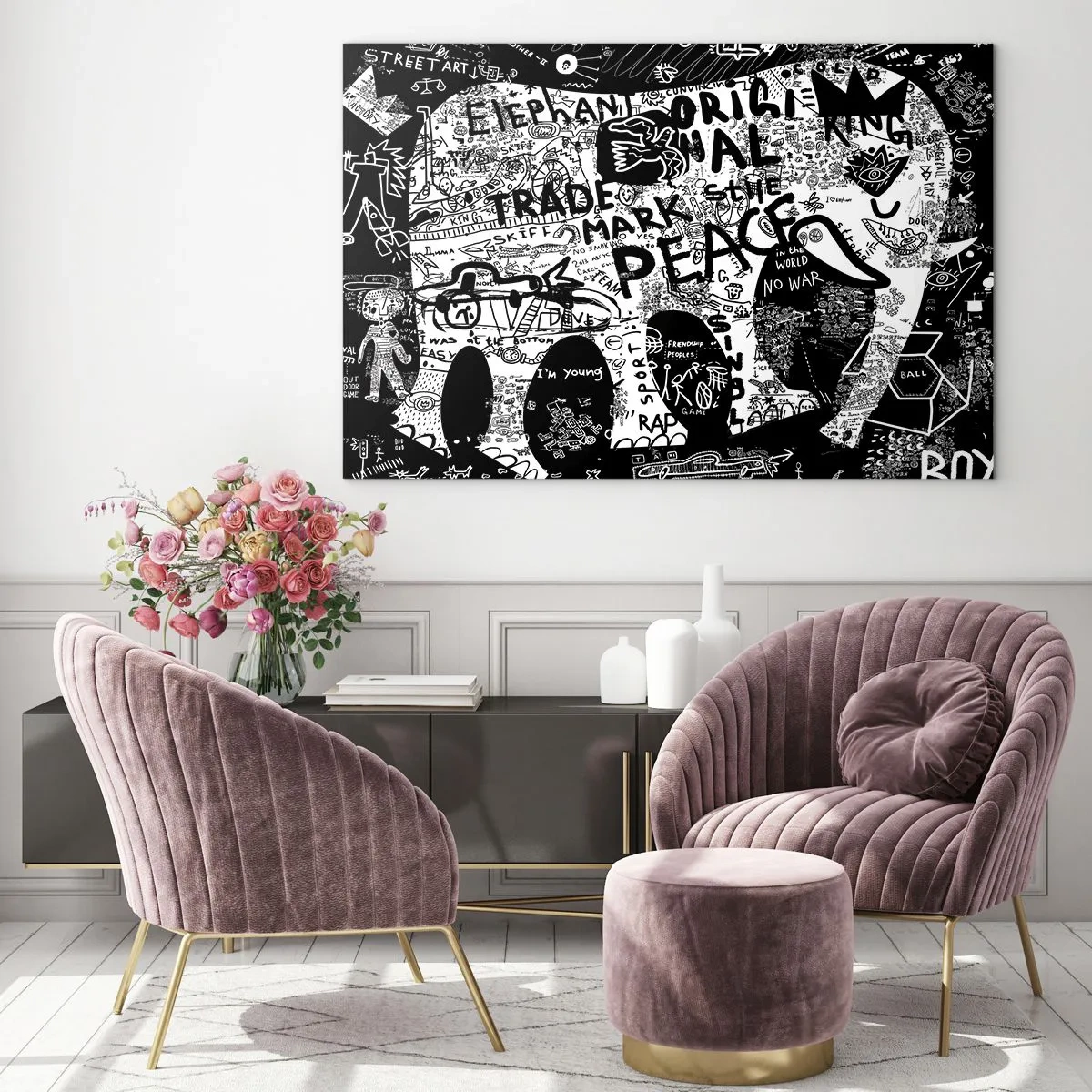 Glasbild - Bild auf glas - Schwarz-weißes Graffiti-Bild mit Themen wie Frieden und Freiheit - 70x50cm - Reiche Straßenwelt - Moderne Wanddekoration für Wohnzimmer und Schlafzimmer ARTTOR