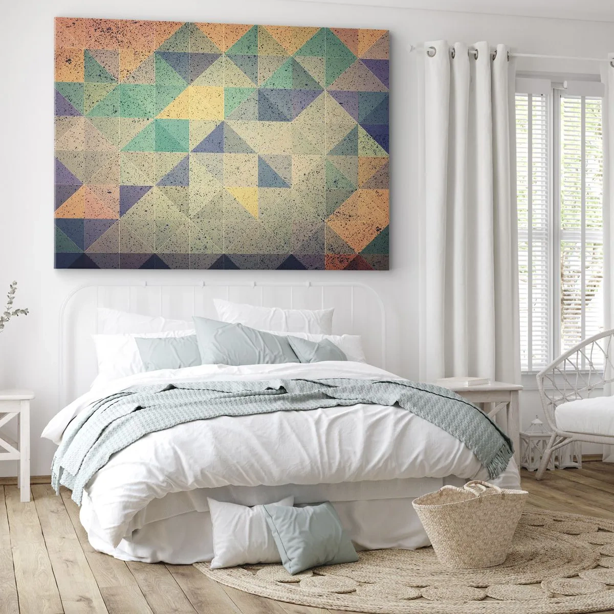 Bild auf Leinwand - Leinwandbild - Eine farbenfrohe Komposition aus geometrischen Dreiecken in Pastelltönen. - 70x50cm - Republik der Dreiecke - Moderne Wanddekoration für Wohnzimmer und Schlafzimmer ARTTOR