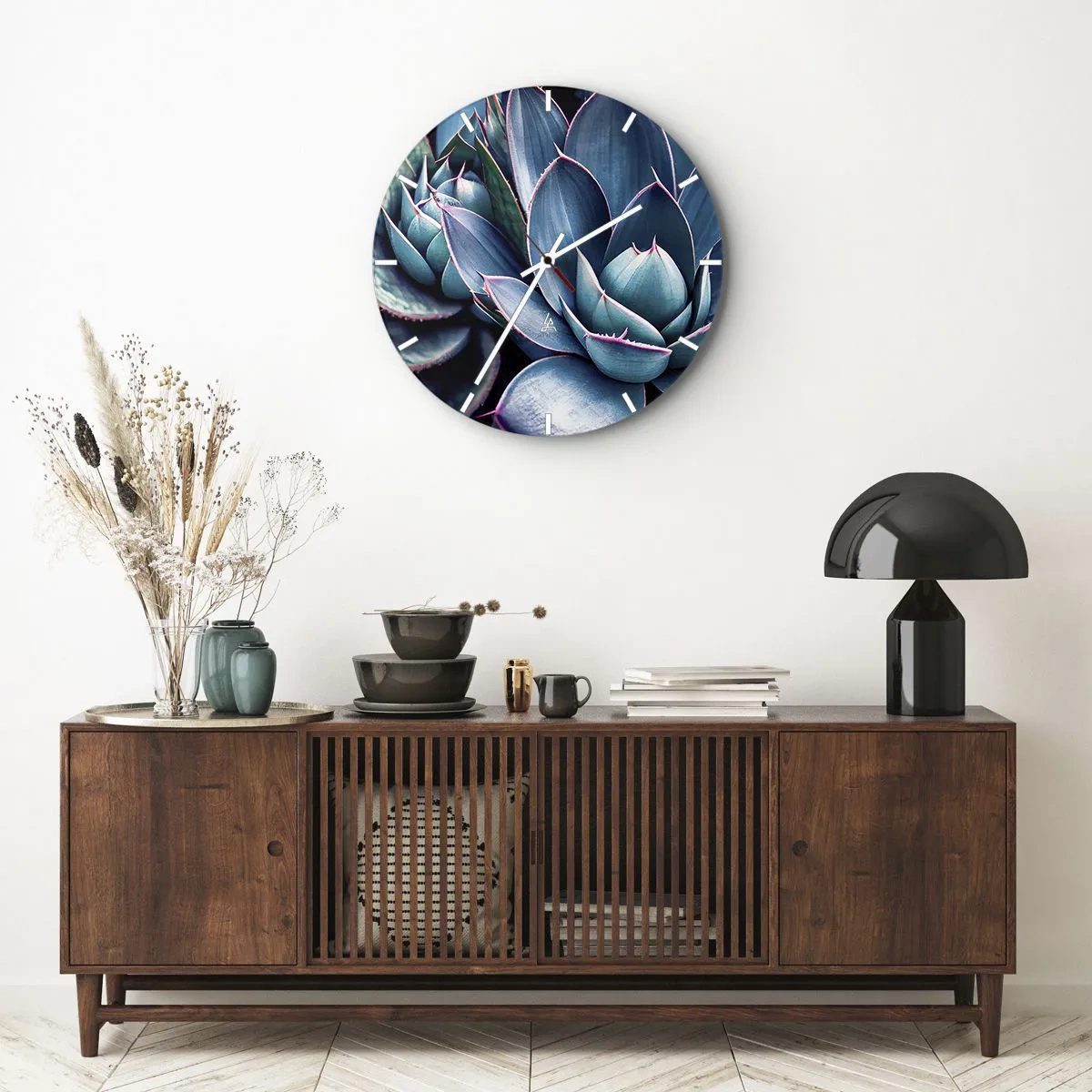 Wanduhr - Glasuhr - Üppige Rosetten aus Sukkulenten in Türkis- und Lilatönen - 30x30cm - Lebenskraft - Moderne Wanddekoration für Wohnzimmer, Küche und Schlafzimmer ARTTOR