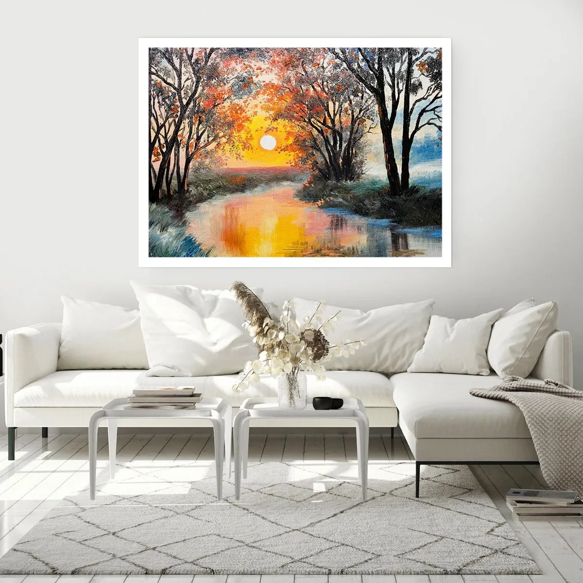 Poster - Sonnenuntergang über dem Fluss in einer Herbstlandschaft - 100x70cm - Herbststimmung - Moderne Wanddekoration für Wohnzimmer und Schlafzimmer ARTTOR