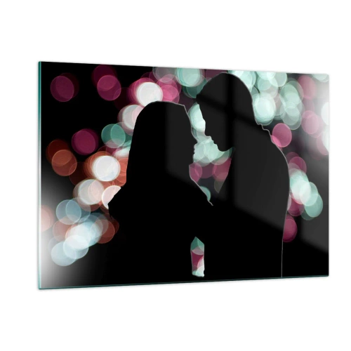 Glasbild - Bild auf glas - Silhouetten eines Paares vor dem Hintergrund bunter Bokeh-Lichter - 120x80cm - Jawohl! - Moderne Wanddekoration für Wohnzimmer und Schlafzimmer ARTTOR