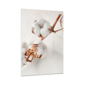 Glasbild - Bild auf glas - Nahaufnahme eines Baumwollzweigs vor hellem Hintergrund - 50x70cm - Nur umarmen - Moderne Wanddekoration für Wohnzimmer und Schlafzimmer ARTTOR