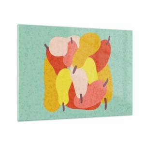 Glasbild - Bild auf glas - Bunte Birnen im grafischen Stil auf türkisfarbenem Hintergrund - 70x50cm - Probieren Sie die Sommersonne - Moderne Wanddekoration für Wohnzimmer und Schlafzimmer ARTTOR