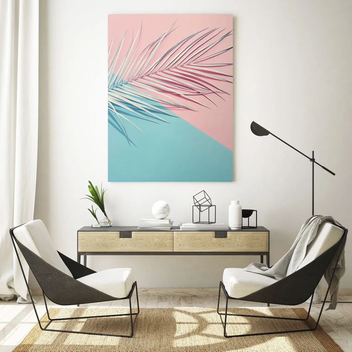Glasbild - Bild auf glas - Ein Palmblatt auf pastellfarbenem Hintergrund in einer geometrischen Komposition - 50x70cm - Tropischer Eindruck - Moderne Wanddekoration für Wohnzimmer und Schlafzimmer ARTTOR