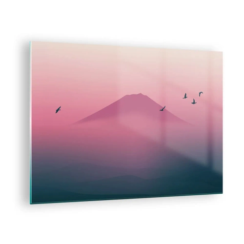 Glasbild - Bild auf glas - Eine minimalistische Landschaft mit einem Berg und Vögeln in Pastellfarben. - 70x50cm - Wanderer über den Wolken - Moderne Wanddekoration für Wohnzimmer und Schlafzimmer ARTTOR