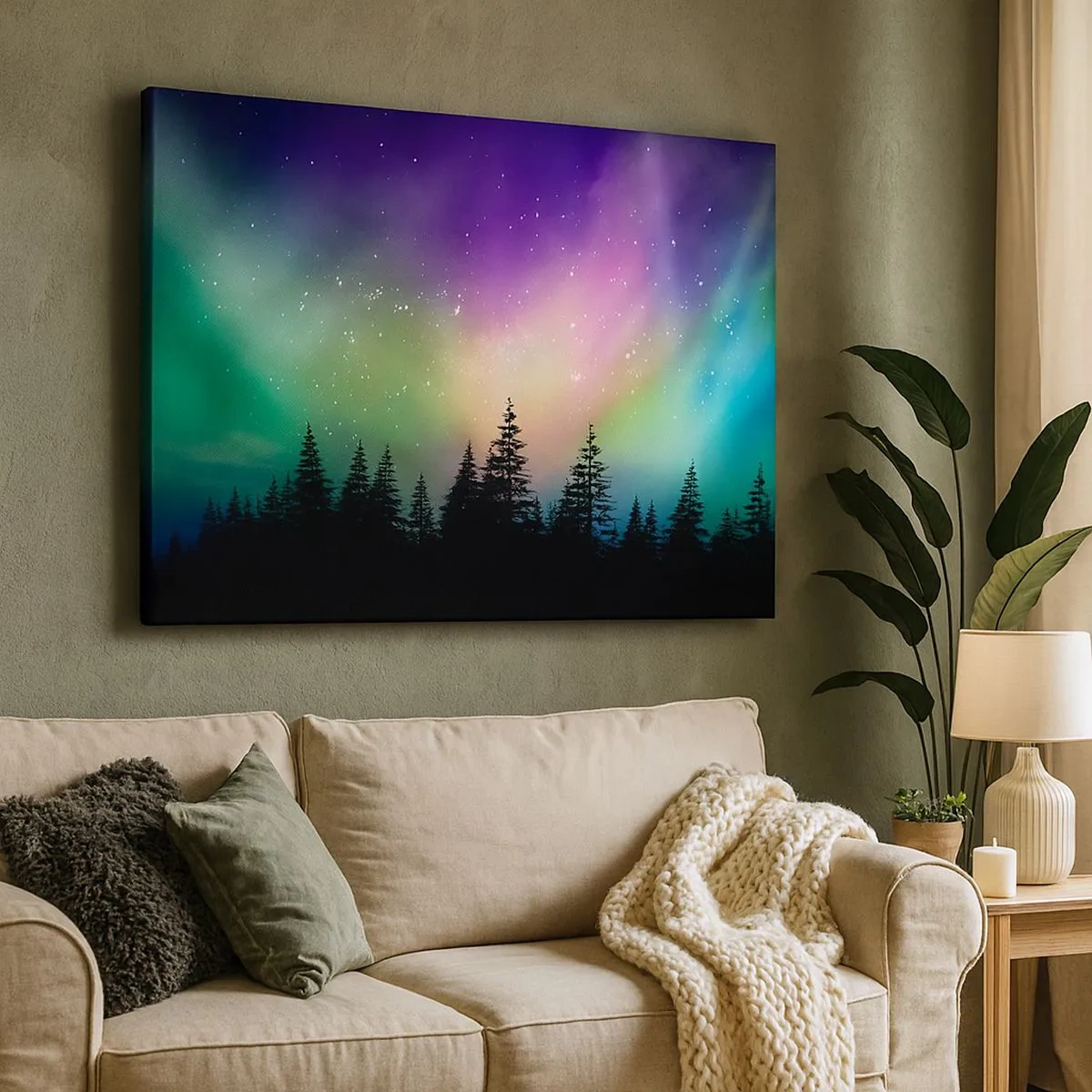 Bild auf Leinwand - Leinwandbild - Aurora Borealis über einem Wald mit Sternenhimmel - 70x50cm - weiße Magie - Moderne Wanddekoration für Wohnzimmer und Schlafzimmer ARTTOR