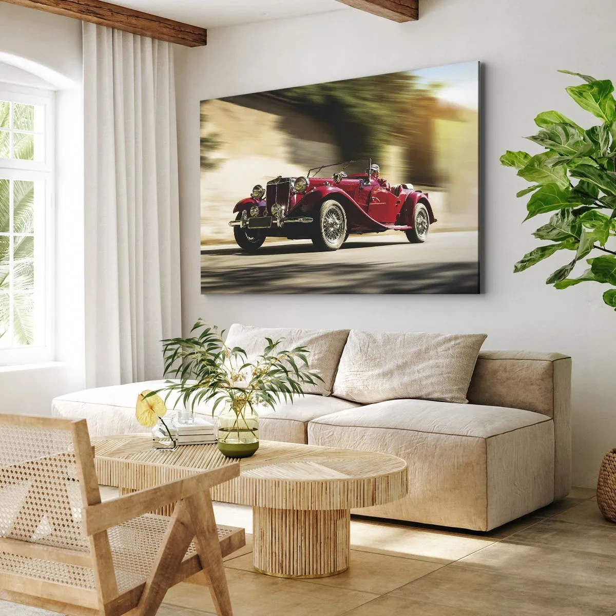 Bild auf Leinwand - Leinwandbild - Roter Oldtimer in Bewegung auf einer sonnigen Straße - 70x50cm - Schöner als Nike von Samothrake - Moderne Wanddekoration für Wohnzimmer und Schlafzimmer ARTTOR