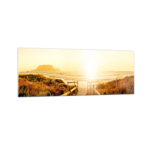 Glasbild - Bild auf glas - Weg zum Strand bei goldenem Sonnenuntergang - 140x50cm - Über die Düne, der Sonne entgegen - Moderne Wanddekoration für Wohnzimmer und Schlafzimmer ARTTOR