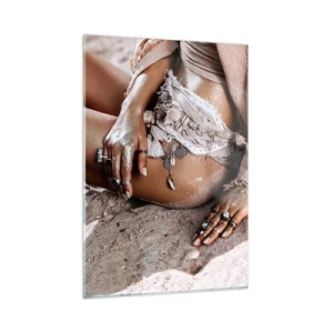 Glasbild - Bild auf glas - Weibliche Silhouette an einem Sandstrand - 50x70cm - Von den Wellen geworfen? - Moderne Wanddekoration für Wohnzimmer und Schlafzimmer ARTTOR