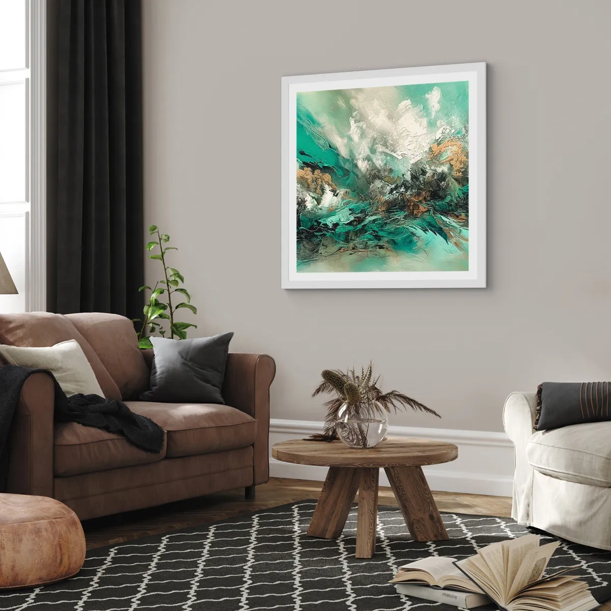 Poster in einem weißen Rahmen - Smaragdgrüne und schwarze Brandung - 30x30 cm