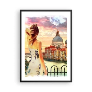 Poster in einem schwarzem Rahmen - Eine Frau bewundert den Blick auf eine historische Stadt bei Sonnenuntergang - 50x70cm - Als Abenteuer nur in ... - Moderne Wanddekoration für Wohnzimmer und Schlafzimmer ARTTOR
