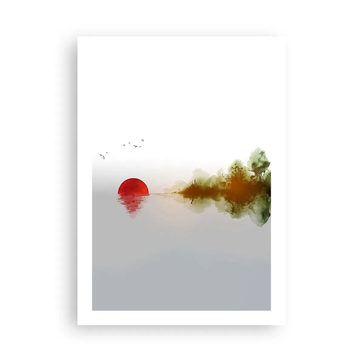 Poster - Eine minimalistische Landschaft mit einer roten Sonne und einem See. - 50x70cm - Versprechen der Ruhe - Moderne Wanddekoration für Wohnzimmer und Schlafzimmer ARTTOR
