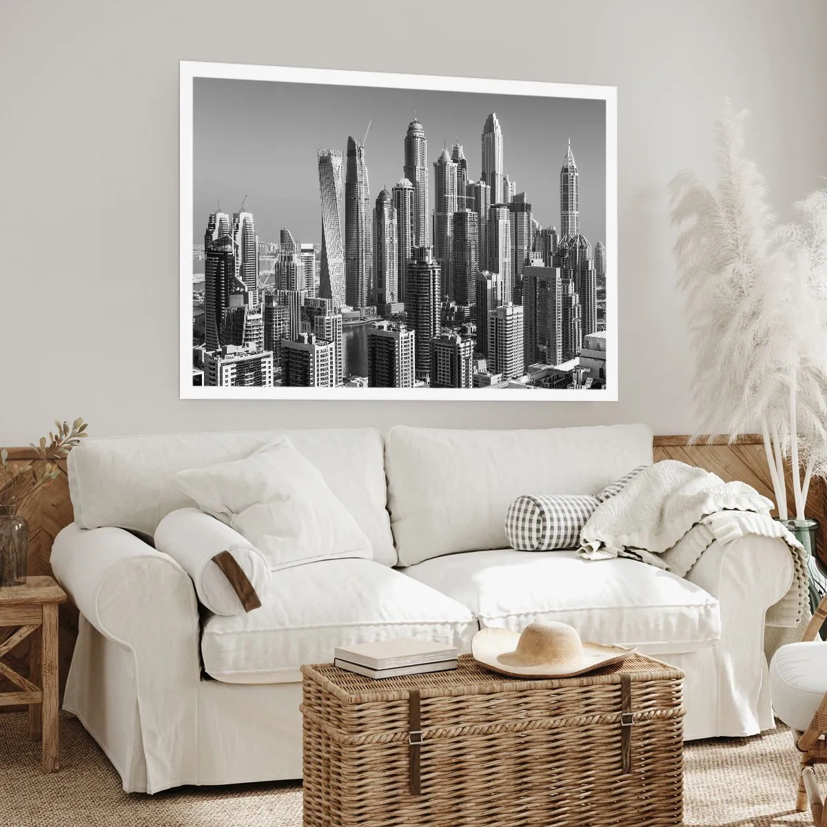 Poster - Panorama moderner Wolkenkratzer in monochromen Tönen - 100x70cm - Stadt in der Wüste - Moderne Wanddekoration für Wohnzimmer und Schlafzimmer ARTTOR