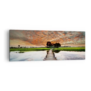Bild auf Leinwand - Leinwandbild - Holzbrücke über dem Wasser bei Sonnenuntergang - 140x50cm - Arme ausstrecken - atmen - Moderne Wanddekoration für Wohnzimmer und Schlafzimmer ARTTOR