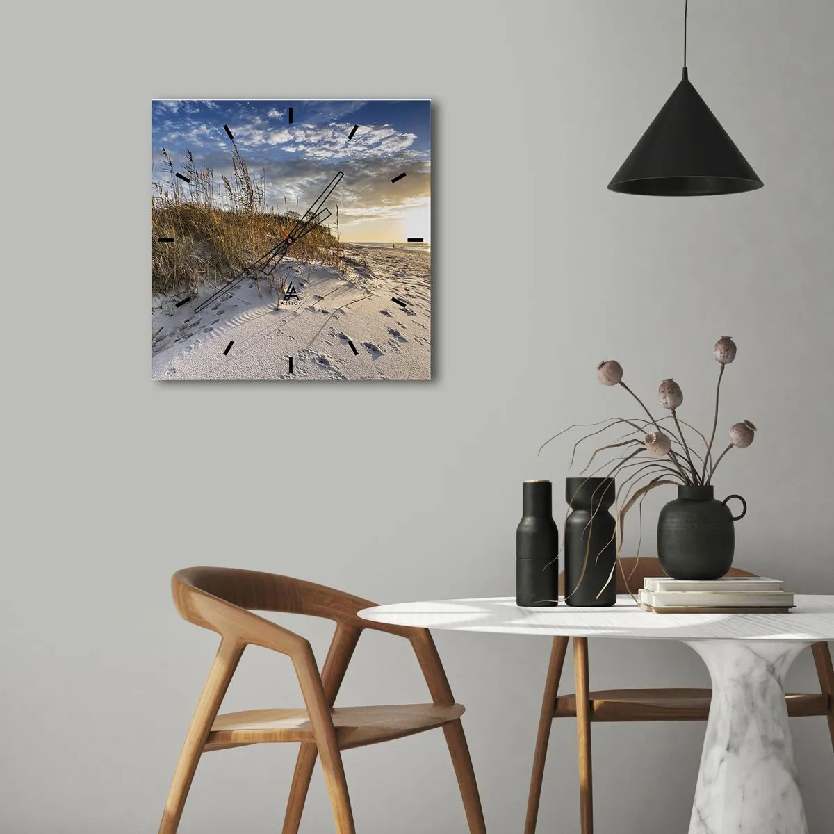 Wanduhr - Glasuhr - Dünen mit Gras und Fußspuren im Sand bei Sonnenuntergang - 30x30cm - Einladung zu einem Spaziergang - Moderne Wanddekoration für Wohnzimmer und Schlafzimmer ARTTOR