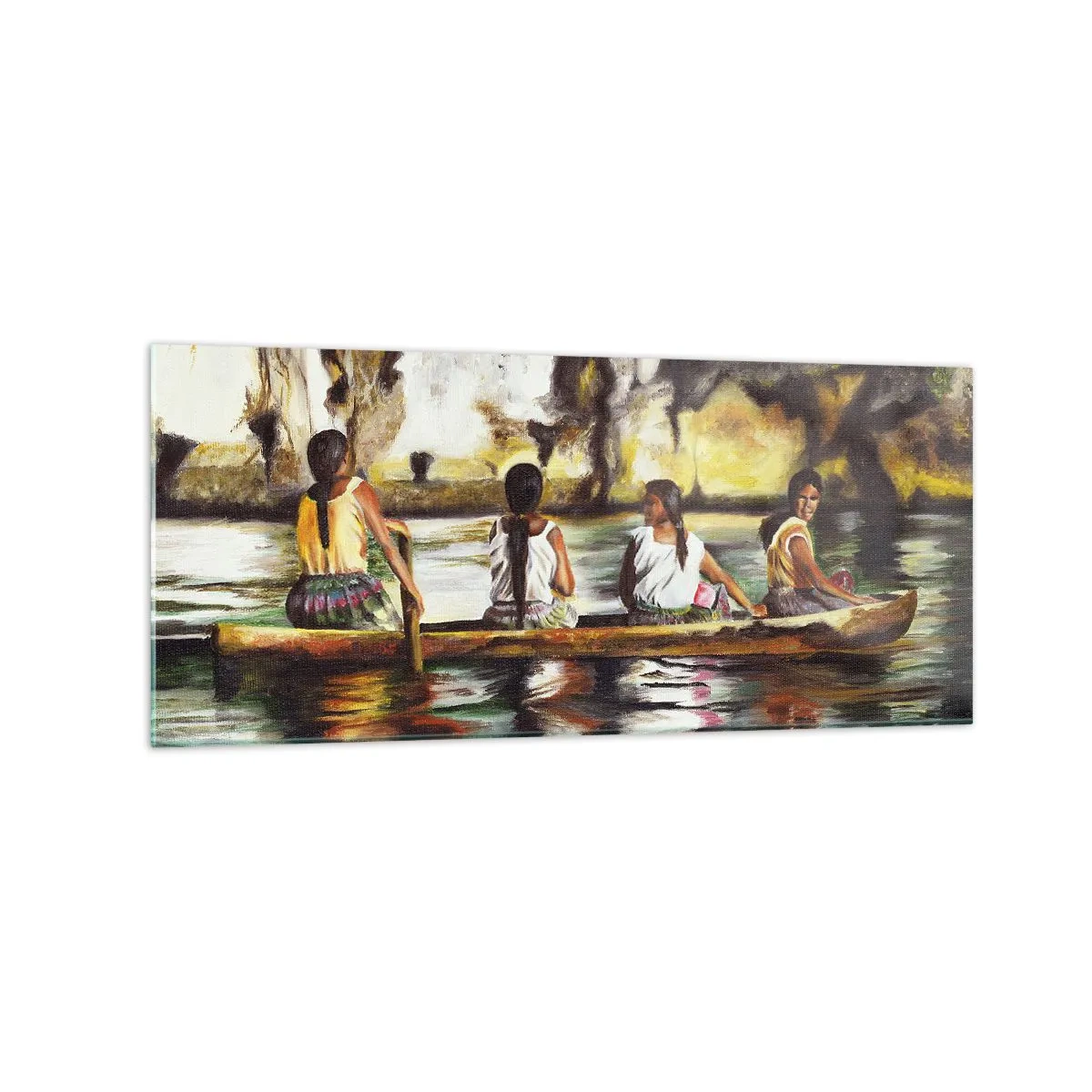 Glasbild - Bild auf glas - Frauen in einem Boot auf einem ruhigen Fluss mit malerischer Kulisse - 120x50cm - In einem polynesischen Paradies - Moderne Wanddekoration für Wohnzimmer und Schlafzimmer ARTTOR
