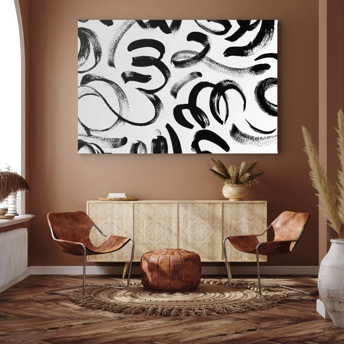 Bild auf Leinwand - Leinwandbild - Schwarze abstrakte Pinselstriche auf weißem Hintergrund - 70x50cm - Schwarz auf Weiß - Moderne Wanddekoration für Wohnzimmer und Schlafzimmer ARTTOR