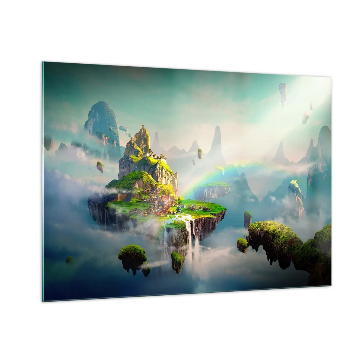 Glasbild - Bild auf glas - Fliegende Inseln in den Wolken mit Regenbögen und Wasserfällen - 100x70cm - Mitten am Himmel - glückliche Inseln - Moderne Wanddekoration für Wohnzimmer und Schlafzimmer ARTTOR