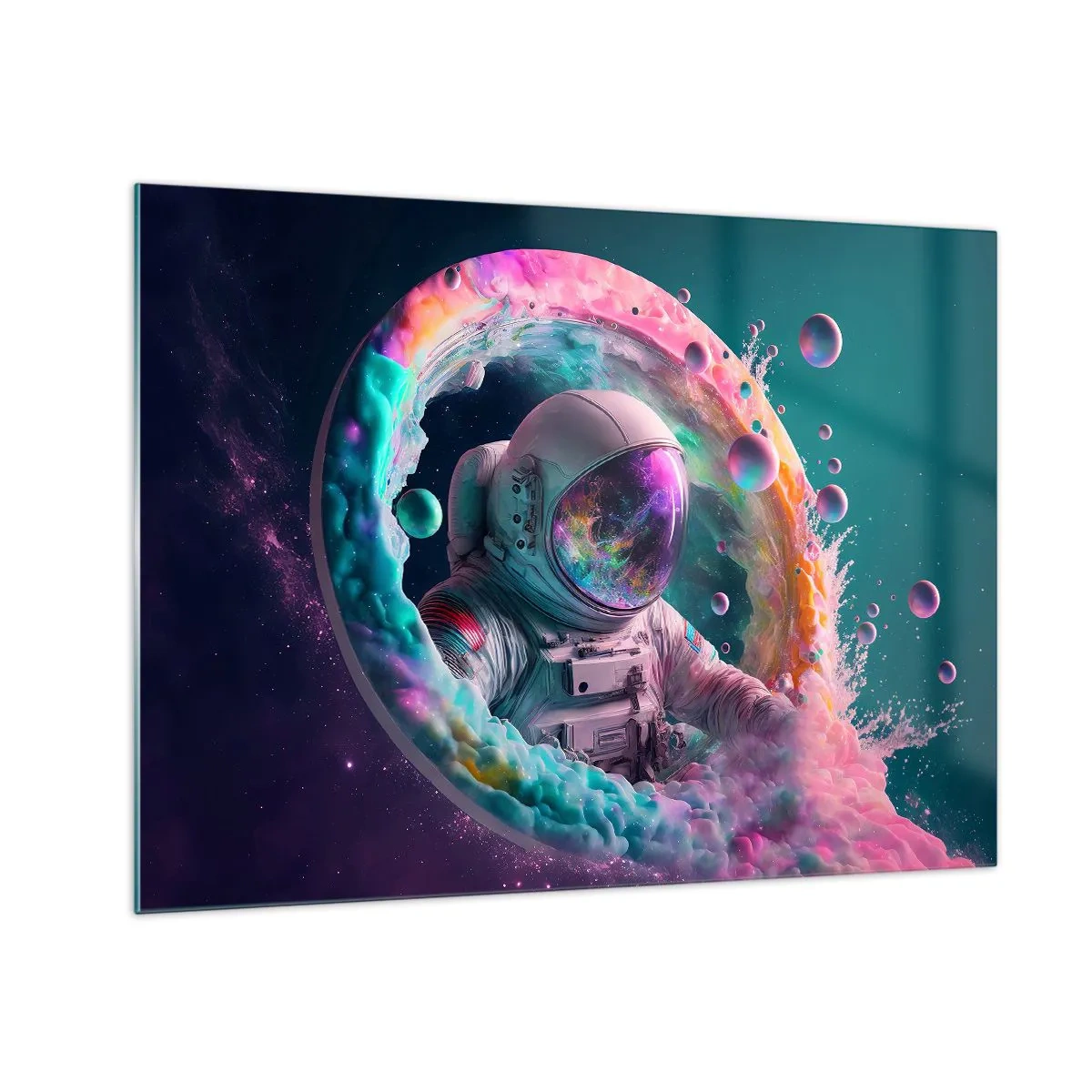 Glasbild - Bild auf glas - Astronaut im farbenfrohen Weltraum - 70x50cm - Sternentor - Moderne Wanddekoration für Wohnzimmer und Schlafzimmer ARTTOR