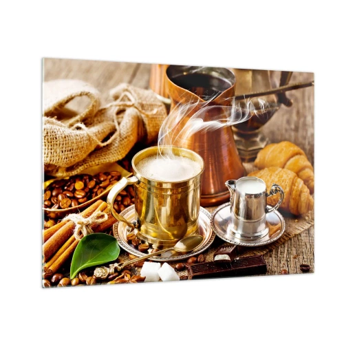 Glasbild - Bild auf glas - Eine goldene Tasse Kaffee mit Milch, umgeben von Körnern und Croissants - 70x50cm - Schönen Tag noch! - Moderne Wanddekoration für Wohnzimmer und Schlafzimmer ARTTOR