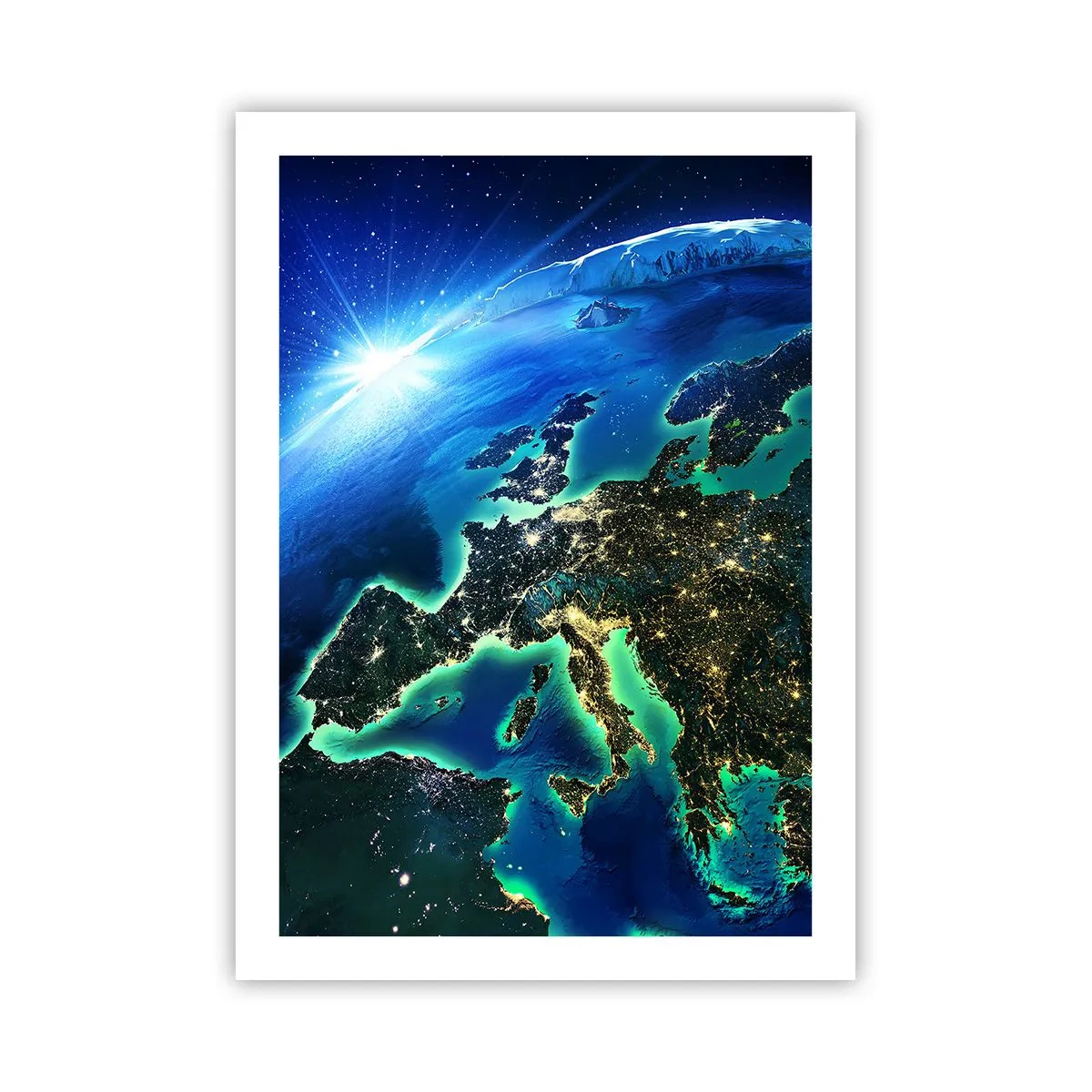 Poster - Ein Blick auf Europa aus dem Weltraum, beleuchtet von Nachtlichtern. - 50x70cm - Funkelndes Europa - Moderne Wanddekoration für Wohnzimmer und Schlafzimmer ARTTOR