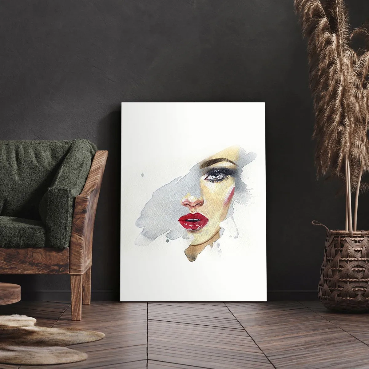 Bild auf Leinwand - Leinwandbild - Ein Aquarellporträt einer Frau mit intensivem Blick. - 50x70cm - Abspiegeln in einem Wassertropfen - Moderne Wanddekoration für Wohnzimmer und Schlafzimmer ARTTOR