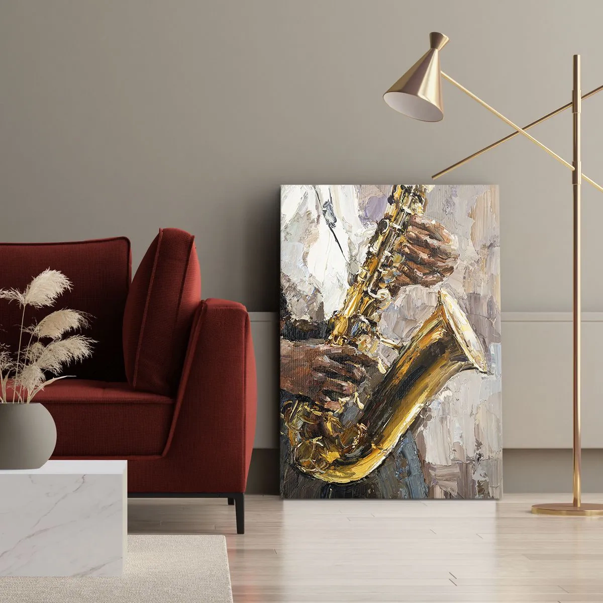 Bild auf Leinwand - Leinwandbild - Ein Musiker, der Saxophon in einem künstlerischen Stil spielt - 80x120cm - Zeit fürs Solo - Moderne Wanddekoration für Wohnzimmer und Schlafzimmer ARTTOR