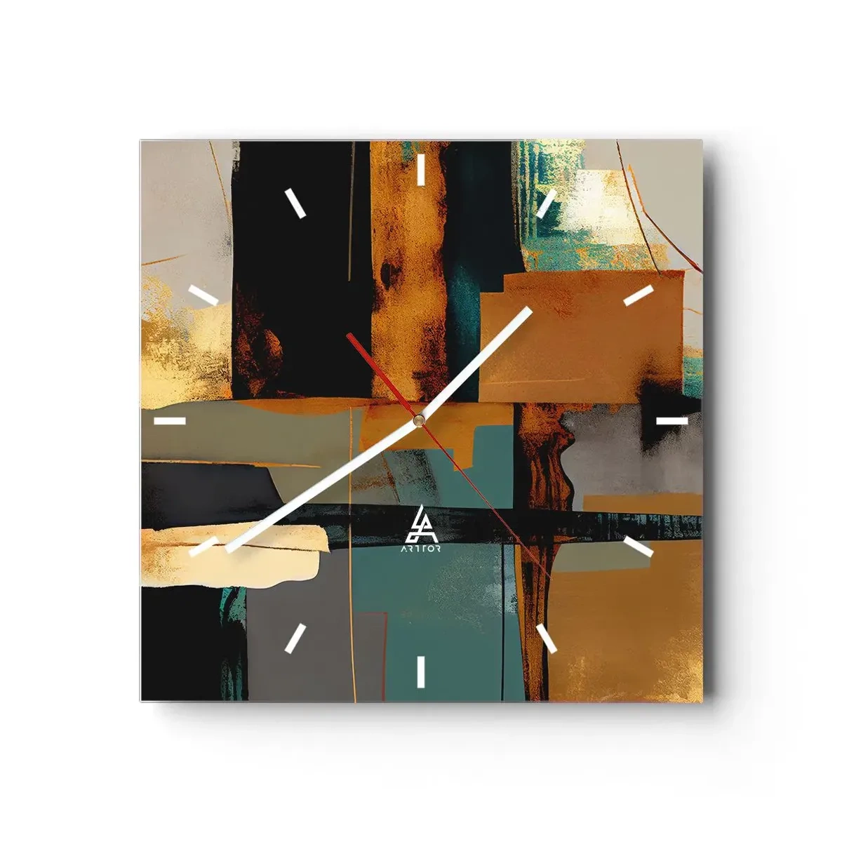 Wanduhr - Glasuhr - Abstrakte Komposition mit goldenen und türkisfarbenen Elementen - 30x30cm - Abstraktion – Licht und Schatten - Moderne Wanddekoration für Wohnzimmer und Schlafzimmer ARTTOR