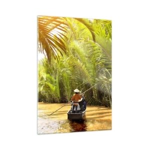 Glasbild - Bild auf glas - Ein Boot mit einem Ruderer fährt durch eine palmengesäumte Schlucht - 50x70cm - Eine Palmenschlucht entlang - Moderne Wanddekoration für Wohnzimmer und Schlafzimmer ARTTOR