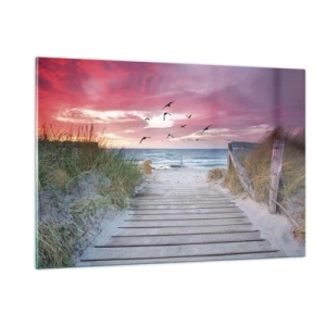 Glasbild - Bild auf glas - Weg zum Strand bei Sonnenuntergang mit fliegenden Vögeln - 120x80cm - Baltischer Eindruck - Moderne Wanddekoration für Wohnzimmer und Schlafzimmer ARTTOR