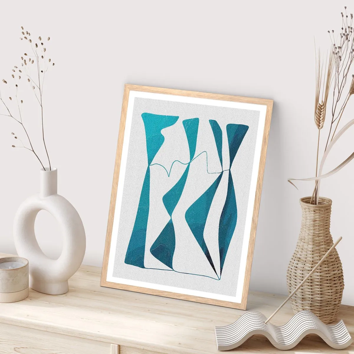 Poster in einem Rahmen aus heller Eiche - Abstraktion: türkisfarbene Verbindung - 30x40 cm