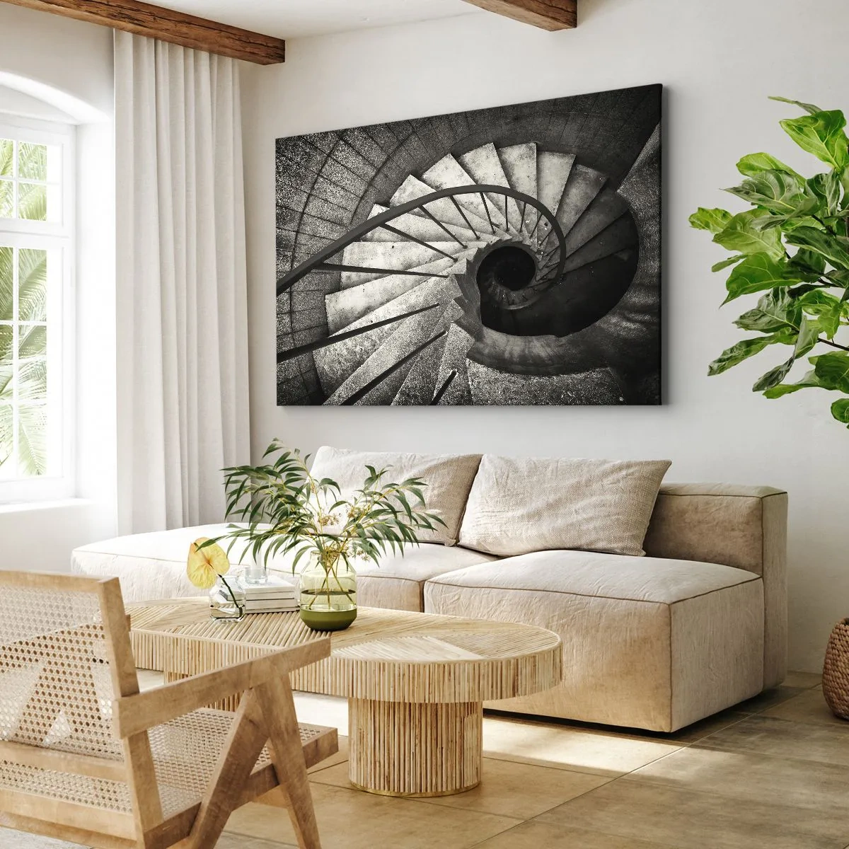 Bild auf Leinwand - Leinwandbild - Schwarz-weiße Wendeltreppe im modernen Stil - 70x50cm - Treppe hoch, Treppe runter - Moderne Wanddekoration für Wohnzimmer und Schlafzimmer ARTTOR