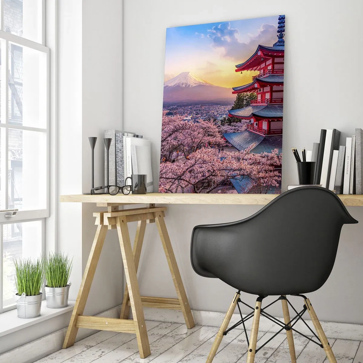 Glasbild - Bild auf glas - Eine Pagode in Japan mit Kirschblüten und dem Berg Fuji - 80x120cm - Die Essenz des japanischen Geistes - Moderne Wanddekoration für Wohnzimmer und Schlafzimmer ARTTOR