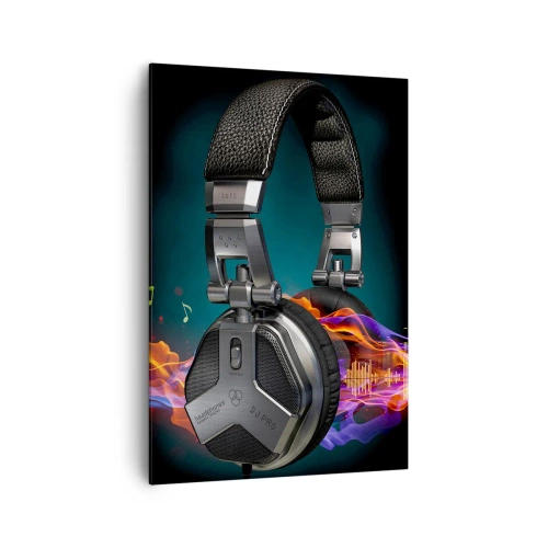 Bild auf Leinwand - Leinwandbild - Schwarze Kopfhörer mit farbenfrohem Musikvisualisierungseffekt - 70x100cm - Feuer der Musik - Moderne Wanddekoration für Wohnzimmer und Schlafzimmer ARTTOR