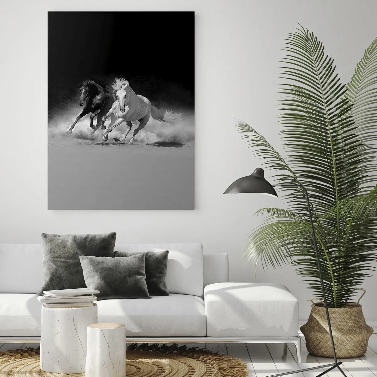 Glasbild - Bild auf glas - Laufende Pferde in Schwarz und Weiß - 50x70cm - Galopp der Freiheit - Moderne Wanddekoration für Wohnzimmer und Schlafzimmer ARTTOR