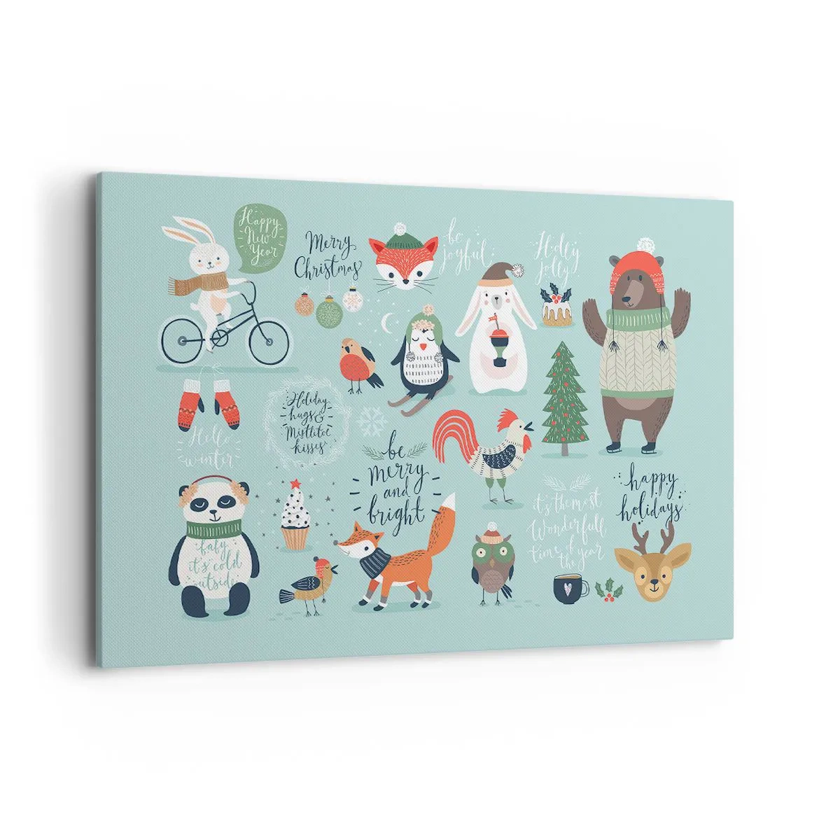 Bild auf Leinwand - Leinwandbild - Weihnachtsillustration von Tieren in winterlicher Atmosphäre - 120x80cm - Möge es immer Weihnachten sein! - Moderne Wanddekoration für Wohnzimmer und Schlafzimmer ARTTOR