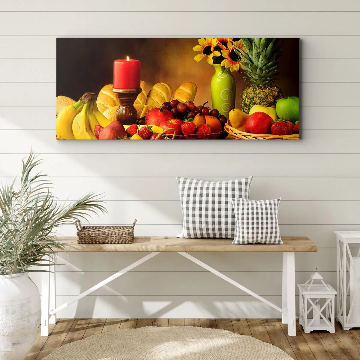 Bild auf Leinwand - Leinwandbild - Stillleben mit Brot und Obst - 90x30 cm