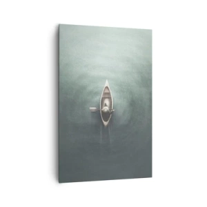 Bild auf Leinwand - Leinwandbild - Ein einsames Boot auf ruhigem Wasser in minimalistischer Umgebung - 80x120cm - Durch den Mondsee - Moderne Wanddekoration für Wohnzimmer und Schlafzimmer ARTTOR