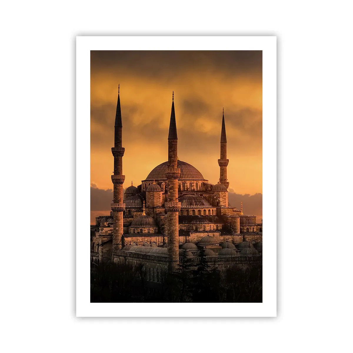 Poster - Moschee bei Sonnenuntergang mit warmen Farben - 50x70cm - Gott ist großartig - Moderne Wanddekoration für Wohnzimmer und Schlafzimmer ARTTOR