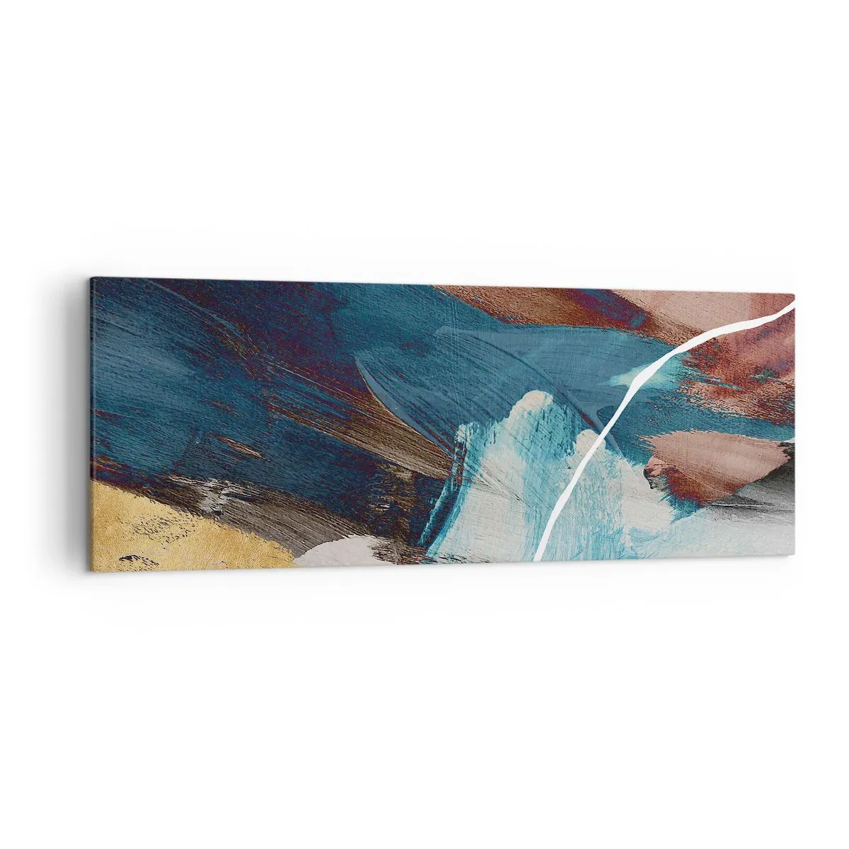 Bild auf Leinwand - Leinwandbild - Abstrakte Pinselstriche in Blau- und Goldtönen - 140x50cm - Großzügig und mit Energie - Moderne Wanddekoration für Wohnzimmer und Schlafzimmer ARTTOR