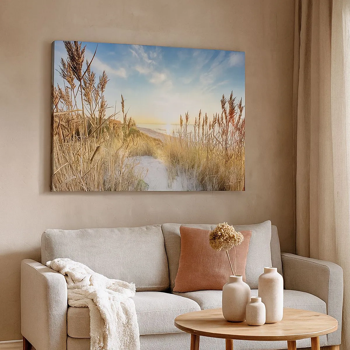 Bild auf Leinwand - Leinwandbild - Ein malerischer Strand mit Gras und untergehender Sonne - 70x50cm - Nordstrand - Moderne Wanddekoration für Wohnzimmer und Schlafzimmer ARTTOR