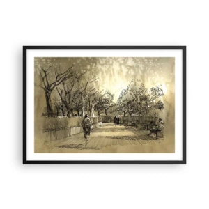 Poster in einem schwarzem Rahmen - Eine Cartoon-Szene eines Parks mit spazierenden Menschen in warmen Tönen. - 70x50cm - Ein Moment mit einer Feder angehalten - Moderne Wanddekoration für Wohnzimmer und Schlafzimmer ARTTOR