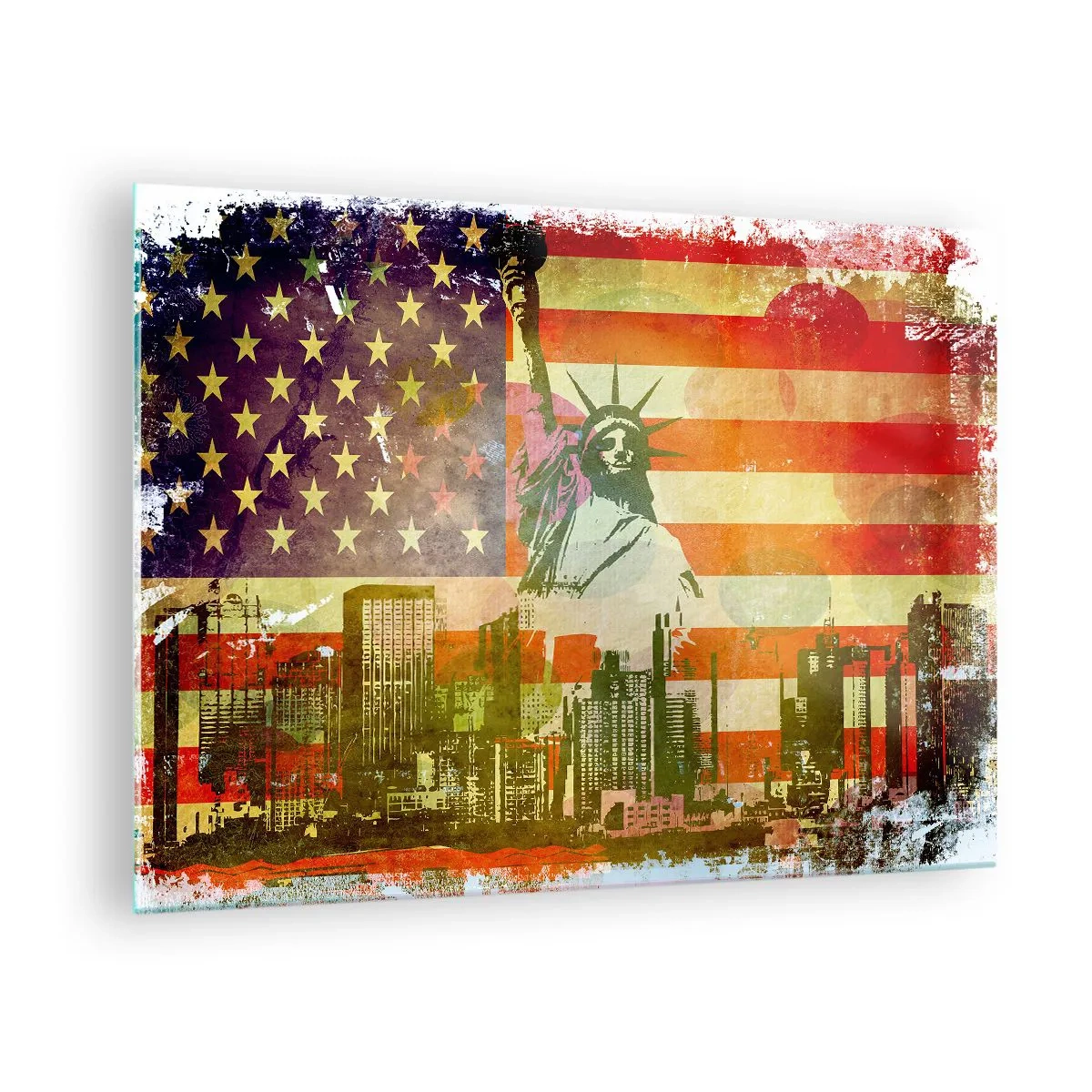 Glasbild - Bild auf glas - US-Flagge mit Silhouette der Freiheitsstatue und Stadtbild - 70x50cm - Viva Amerika! - Moderne Wanddekoration für Wohnzimmer und Schlafzimmer ARTTOR
