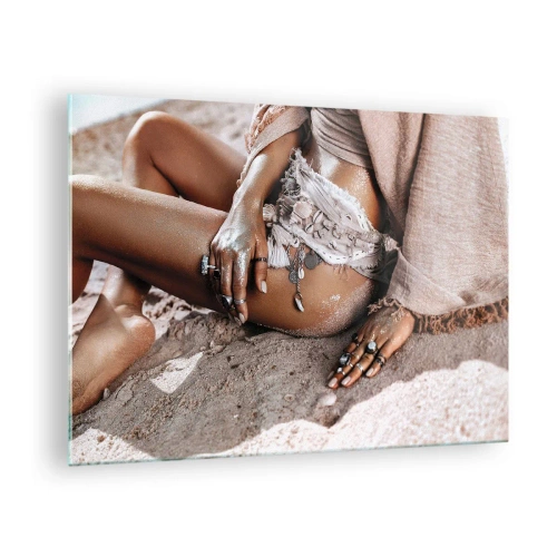 Glasbild - Bild auf glas - Weibliche Silhouette an einem Sandstrand - 70x50cm - Von den Wellen geworfen? - Moderne Wanddekoration für Wohnzimmer und Schlafzimmer ARTTOR