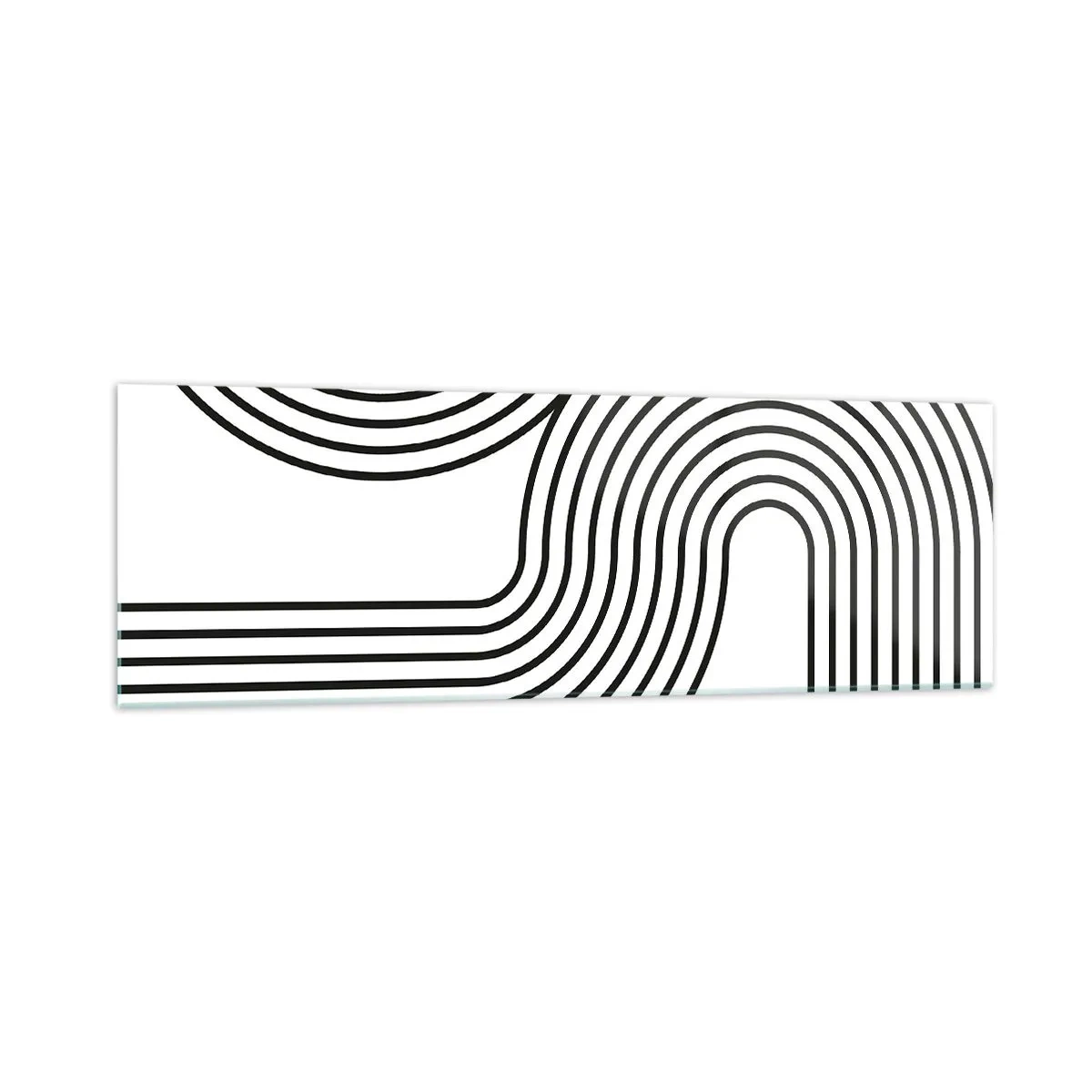 Glasbild - Bild auf glas - Ein abstraktes Gemälde mit schwarzen Linien, die geometrische Muster auf weißem Hintergrund erzeugen. - 160x50cm - An der Kurve - Moderne Wanddekoration für Wohnzimmer und Schlafzimmer ARTTOR
