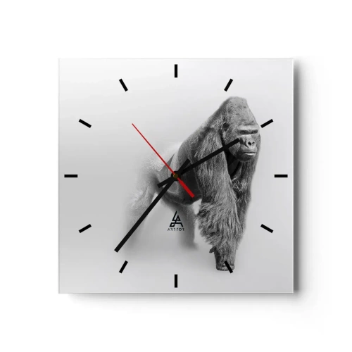 Wanduhr - Glasuhr - Gorilla in monochromen Tönen auf weißem Hintergrund - 30x30cm - Zuversichtlich in seiner Stärke - Moderne Wanddekoration für Wohnzimmer und Schlafzimmer ARTTOR